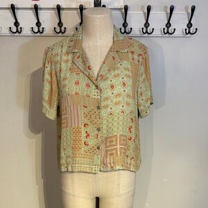 Rose & Olive Green and Orange Patchwork Design Button Down Shirt